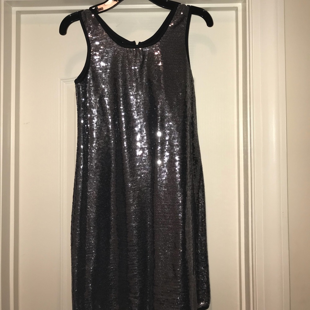 Silver Sequenced Dress w/ Black Velvet Cardigan